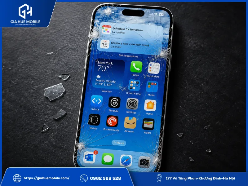 Màn hình điện thoại iPhone 15 bị nứt vỡ do bị đè nén mạnh